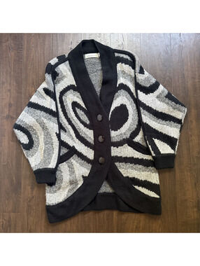 VTG Diversity Oversized Abstract Swirl Cardigan Sweater Black Gray Wool Blend M